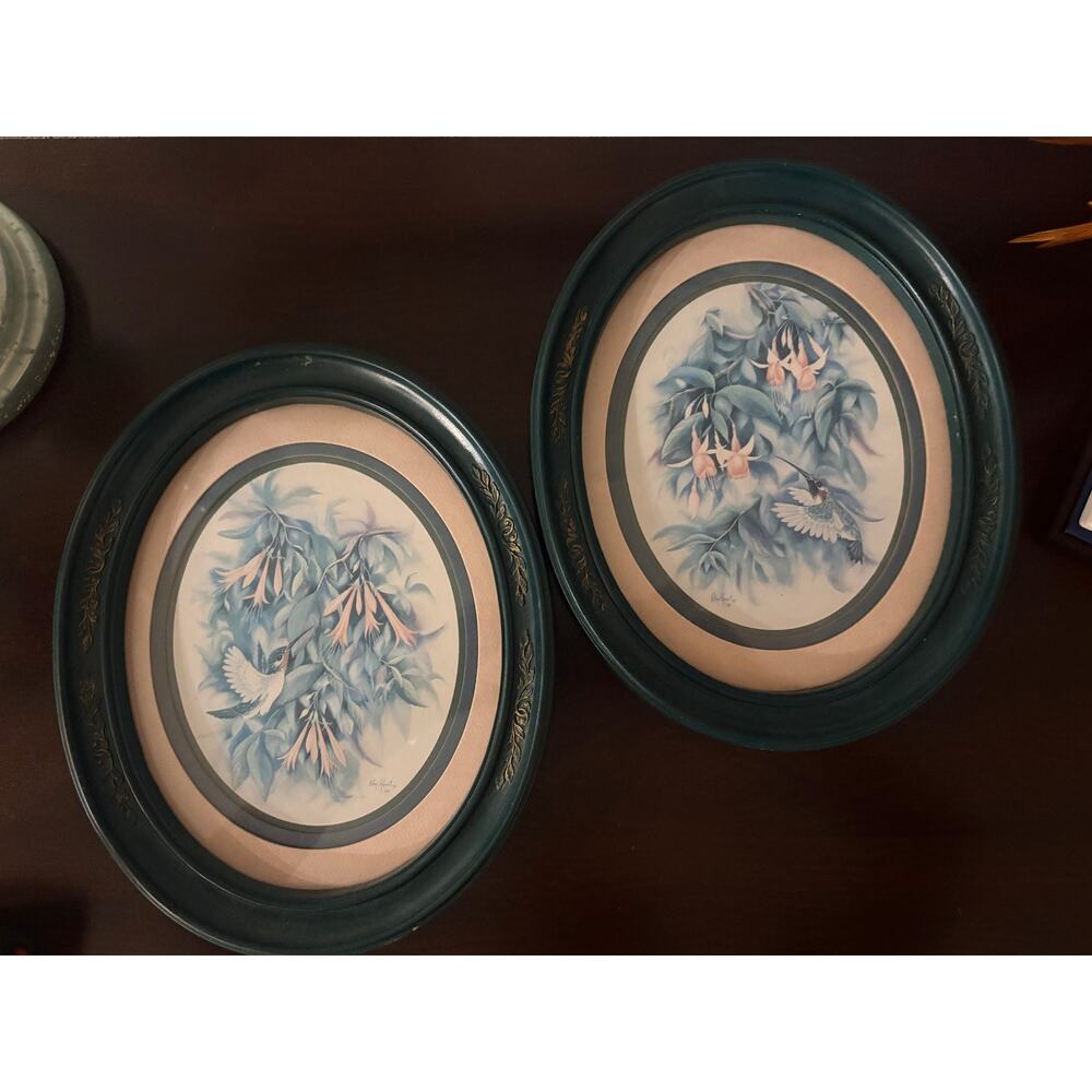 Vintage Home Interiors Hummingbird Wall Art Oval Frames Floral Prints Set of 2